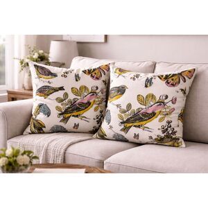 Set of 2 XL Botanical Bird, Feather Accent Pillows 23x23 Removable Covers NWOT